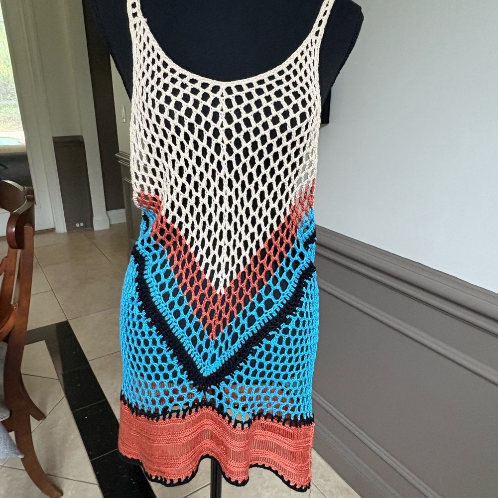Source Unknown Crochet Cover-Up in Cream, Blue, and Orange
